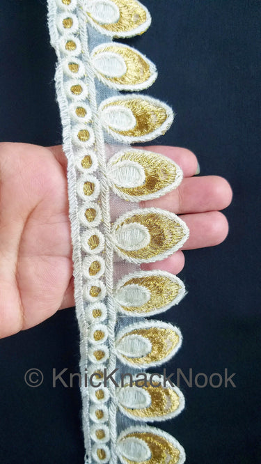 Off White Tissue Fabric Cutwork Embroidered Lace Trim With Off White / Brown and Gold Embroidery, Approx. 45mm Wide, One yard Lace